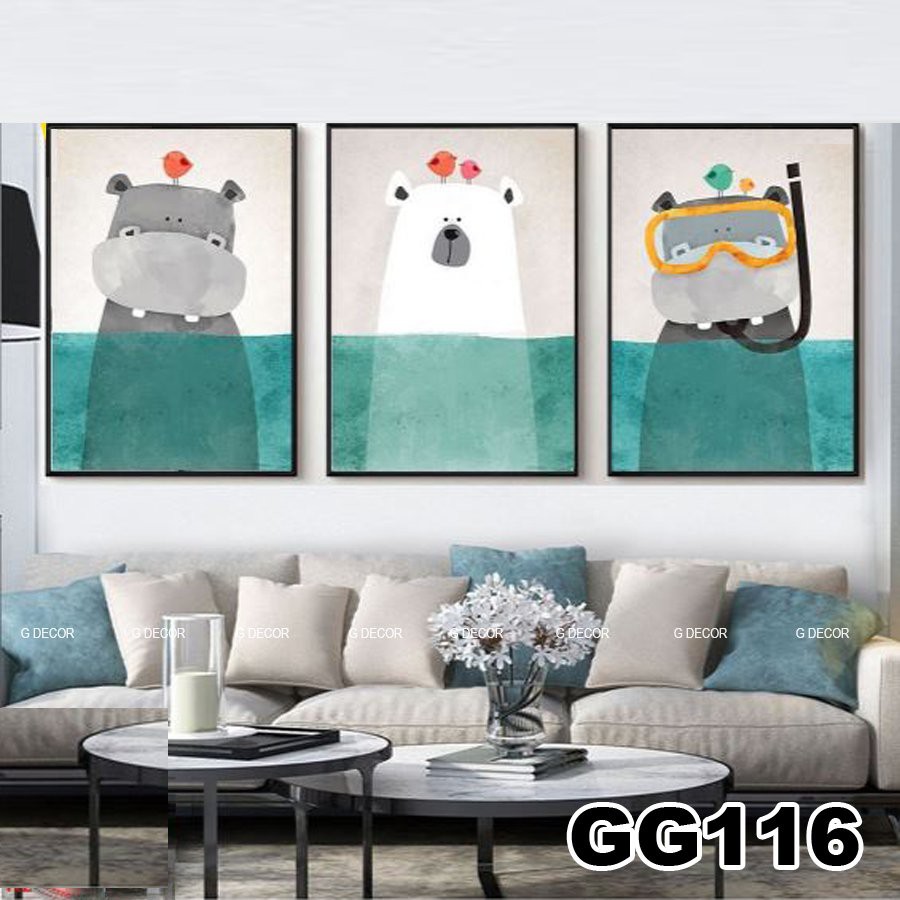 Tranh treo tường canvas 3 bức phong cách hiện đại Bắc Âu 111, tranh anime trang trí phòng cho bé, phòng khách, phòng ngủ