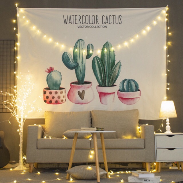 Vải treo tường trang trí phòng ngủ hình cây xương rồng (CÓ SẴN)
