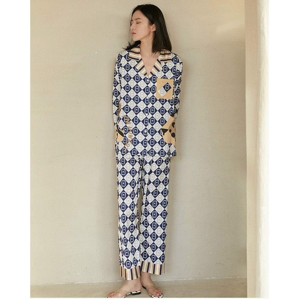 Đồ bộ mặc nhà cao cấp- Bộ đồ ngủ pijama lụa quần sọc caro phối màu quần dài tay dài cao cấp chất lụa mát rượi hàng đẹp