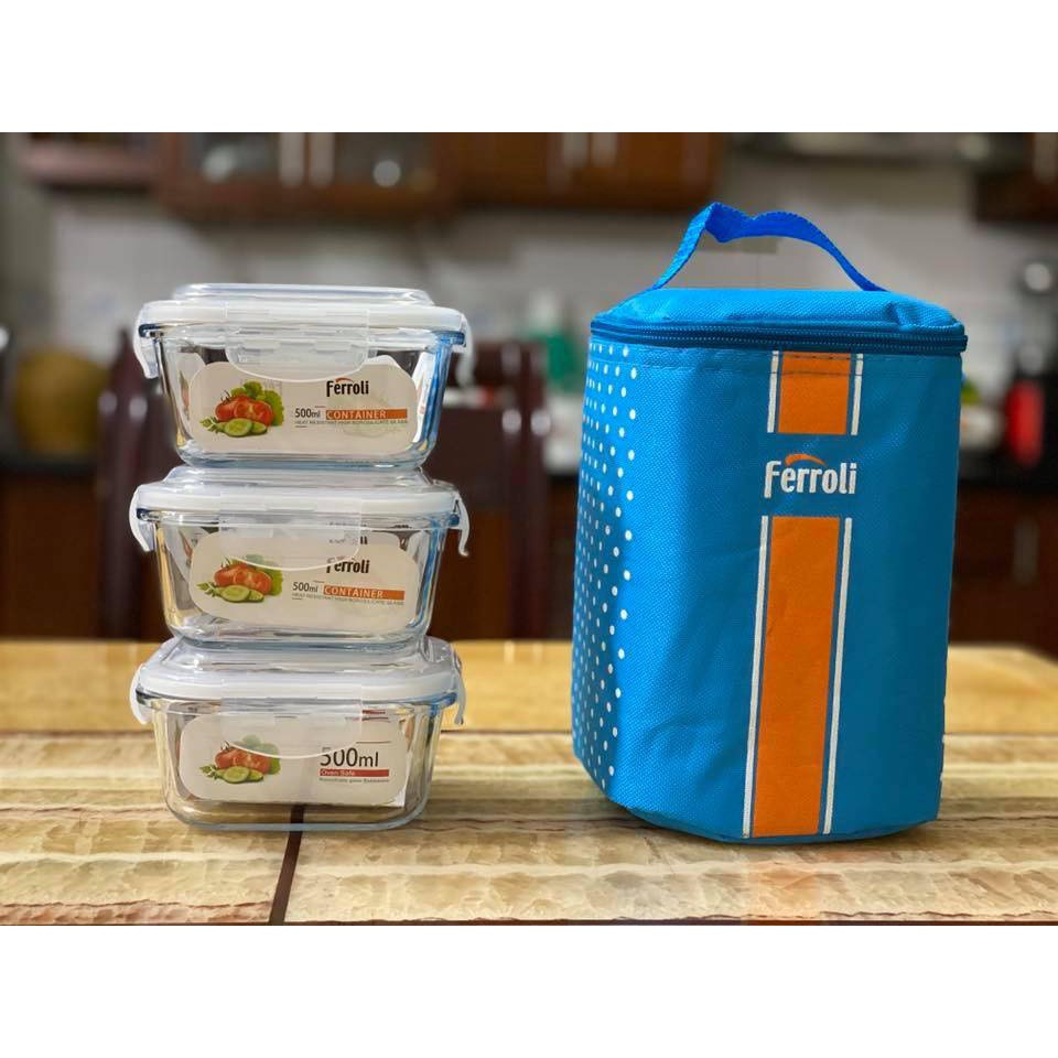 Bộ 3 Hộp thủy tinh Ferroli, chịu nhiệt, kèm túi giữ nhiệt - Hộp Đựng Cơm Thủy Tinh- Túi Giữ Nhiệt