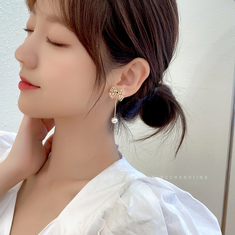 Đôi Bông Tai Dáng Rơi Họa Tiết Nơ Đính Ngọc Trai Thời Trang Cho Nữ
