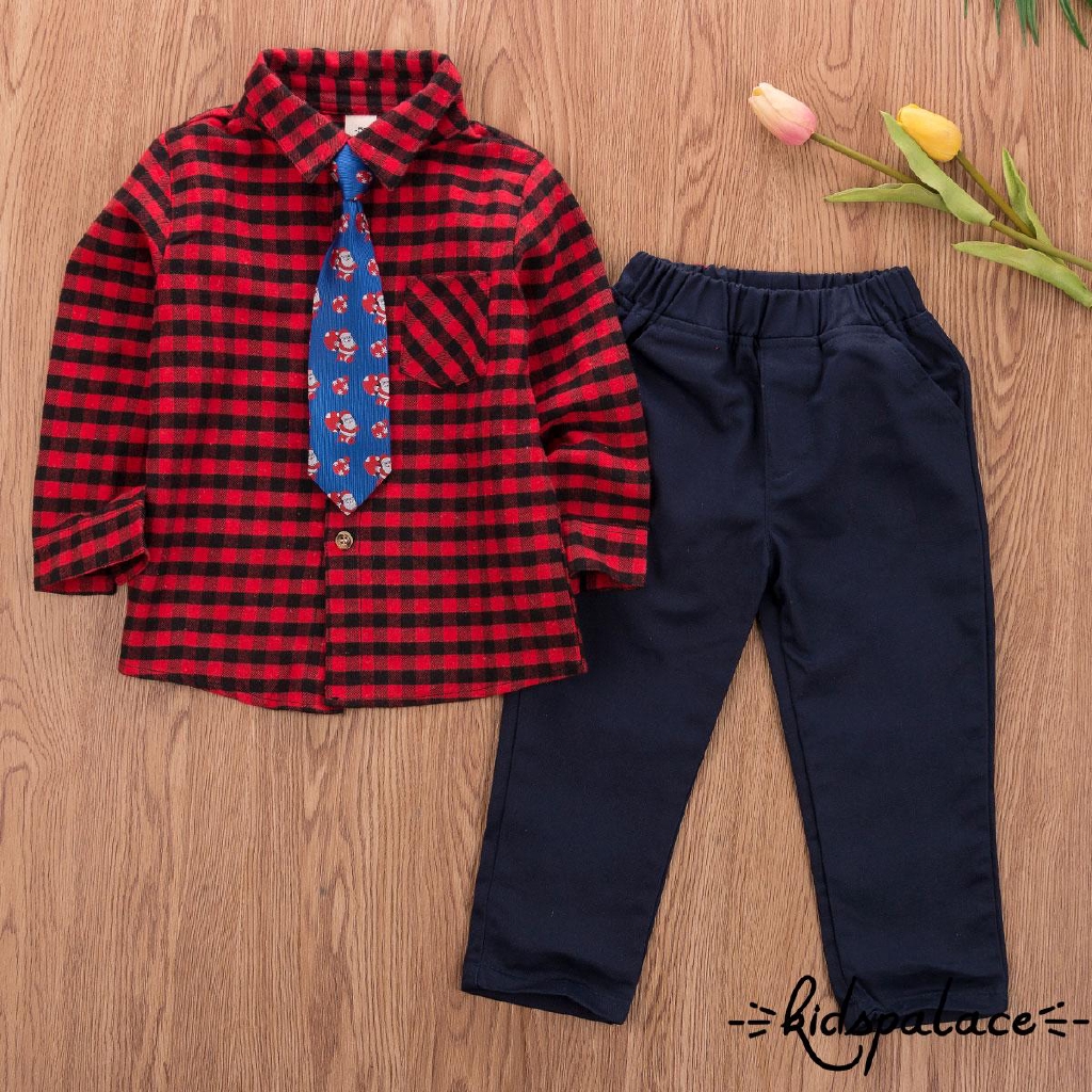 ➤♕❀❤2-9Y Newborn Baby Boy Christmas Clothes Sets Plaid T-shirt Tops+Tie +Long Pants Outfits Formal Set