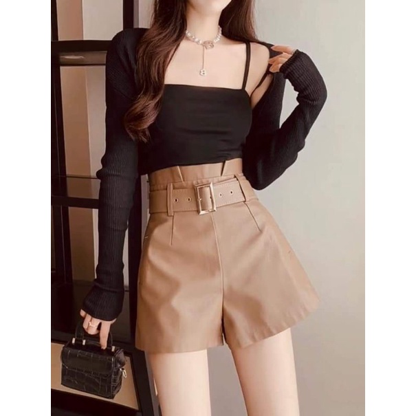 Quần sooc da nữ thời trang-quần short da cạp chun to dáng xòe hàng cao cấp quảng châu | BigBuy360 - bigbuy360.vn