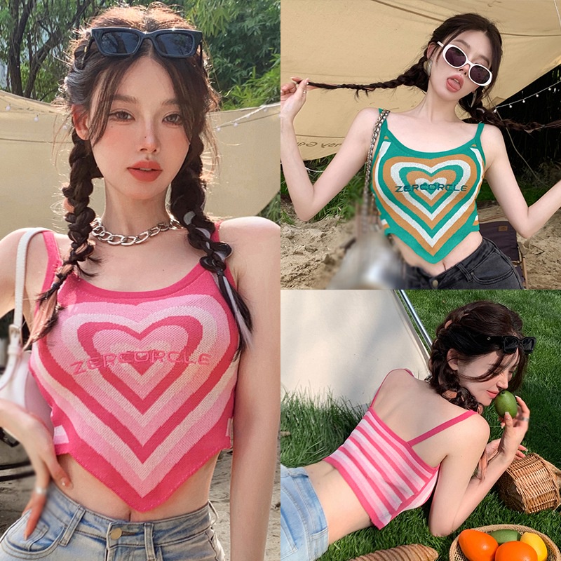 Áo Croptop Dệt Kim Hoạ Tiết Trái Tim Thiết Kế Lệch Tà Độc Đáo
