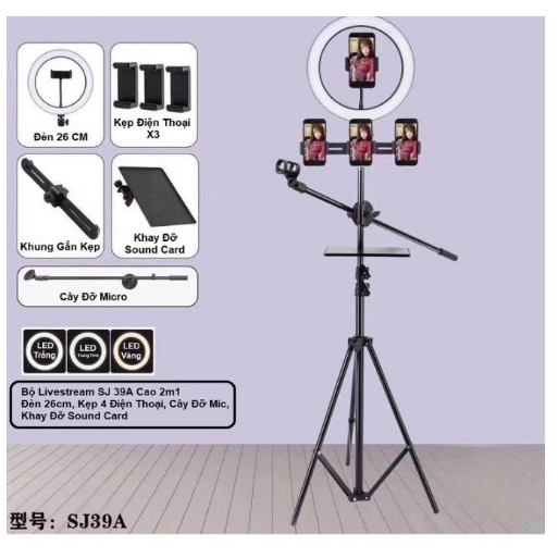 Cây Livestream 3 Chân Có Đèn Cao 2m1 Có Giá Đỡ 4 Điện Thoại - Cây Đỡ Micro - Khay Đỡ Sound Card