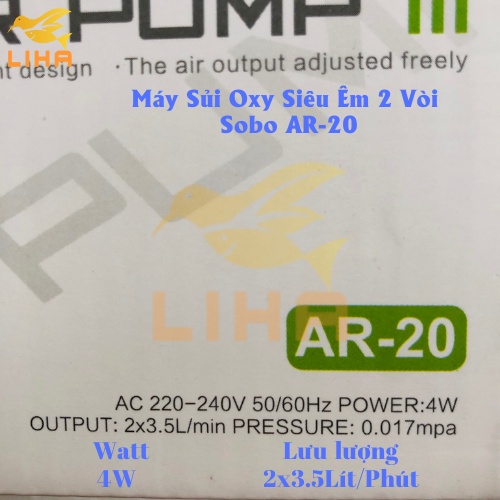 Máy Sủi Oxy 2 Vòi Sobo AR-20 (4W-2x3.5Lít/Phút) - Máy Oxi Siêu Êm Cho Bể Cá