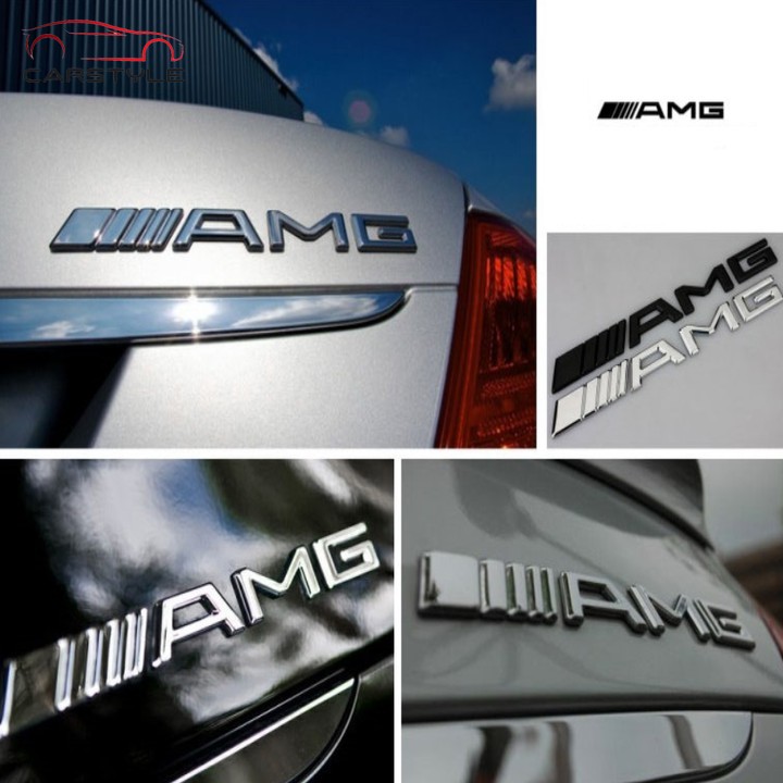Decal logo 3D hợp kim inox chữ nổi AMG dán xe đuôi ô tô: Màu Đen và Bạc W205 W212 Gla Glc Cla Cls Slk A C E Class 200 300 W117 W176 W204 W205 W213 W253