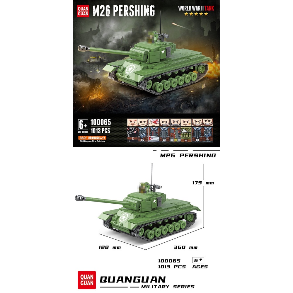 Đồ chơi Lắp ráp Mô hình xe tăng Quan Guan 100065 US Pershing M26 Military Heavy Tanks WW2 Soldier Police Army 1013Pcs