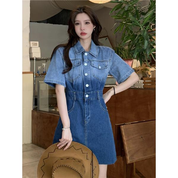 Design sense changing color denim dress summer 2022 New Retro polo collar fashion short sleeve A-line skirt women