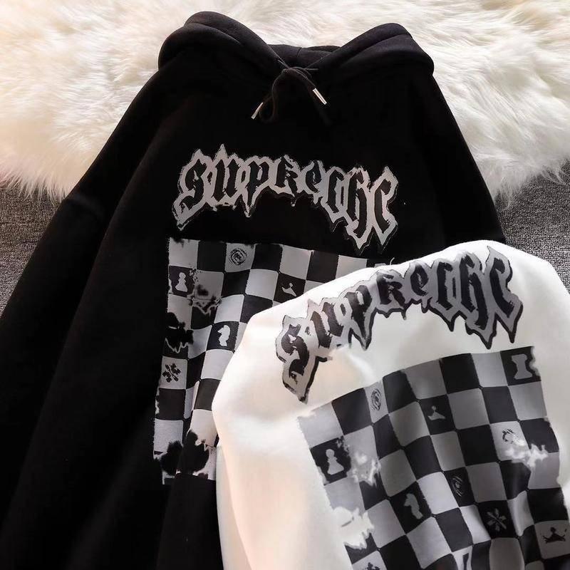 Áo hoodie dáng rộng họa tiết kẻ ô vuông màu trắng đen xu hướng thời trang