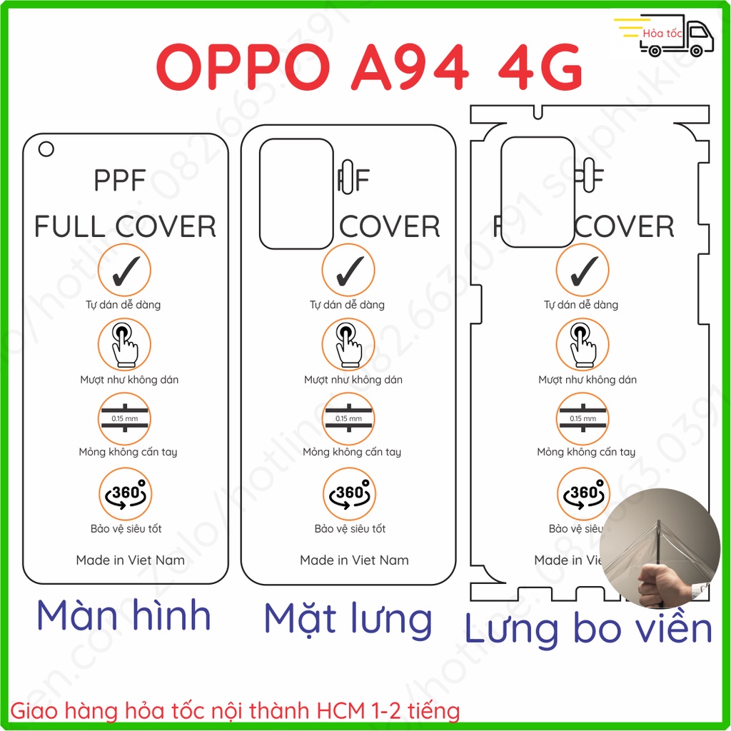 Dán PPF Oppo A94 (4G/5G) loại nhám, bóng dành cho mặt lưng, màn hình, full viền