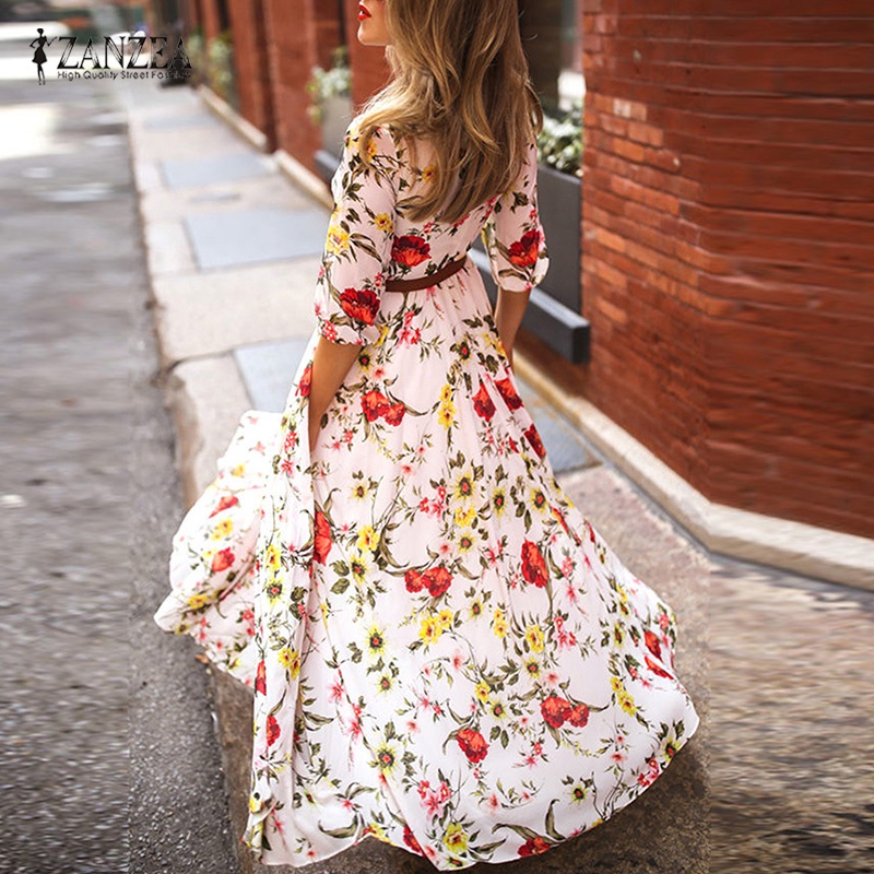 Zanzea Đầm Maxi Tay Lửng Họa Tiết Hoa Vintage Thời Trang Cho Nữ