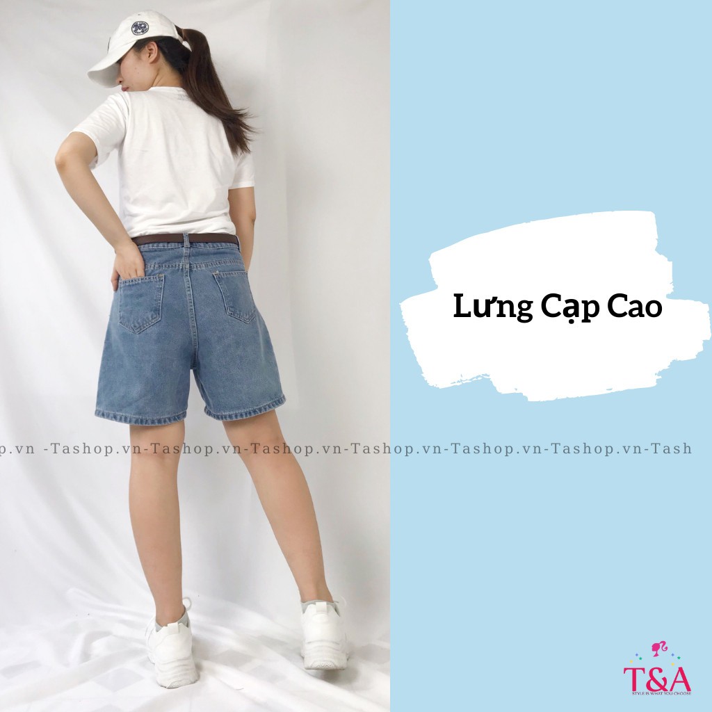 Quần Shorts Jeans Nữ Ống Rộng Túi Vuông Màu Xanh Nhạt Kèm Đai Nhân Cá Tính - 518