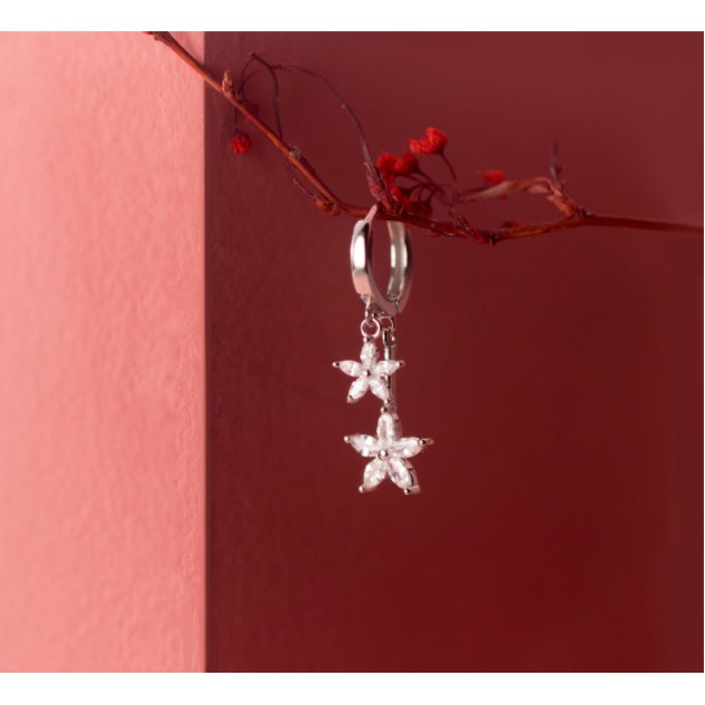 Khuyên tai bạc Ý s925 siêu phẩm hai đôi hoa 5 cánh thả dài E3919 - AROCH Jewelry