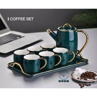 Bộ ấm trà sứ kèm khay xanh viền vàng kiểu Âu