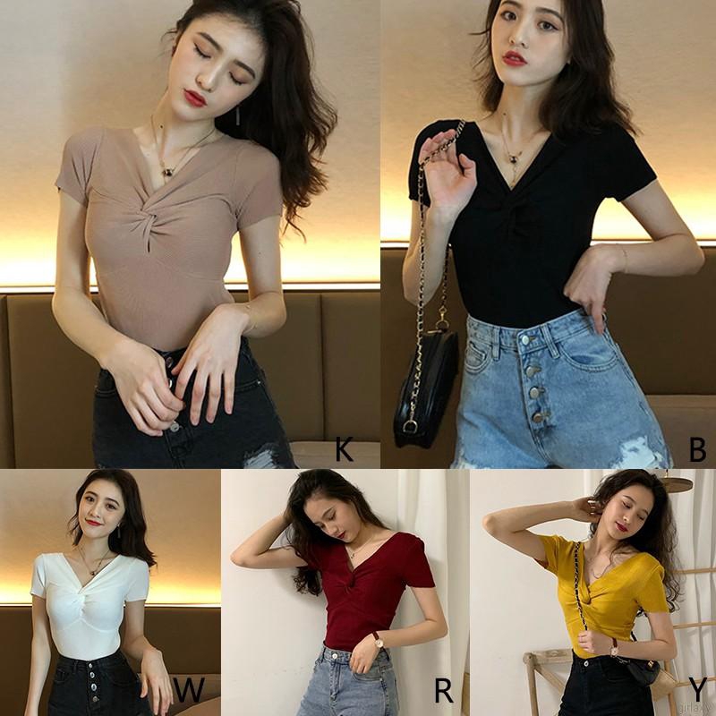 Áo Thun Dệt Kim Tay Ngắn Cổ Chữ V Màu Trơn Phong Cách Hàn Quốc