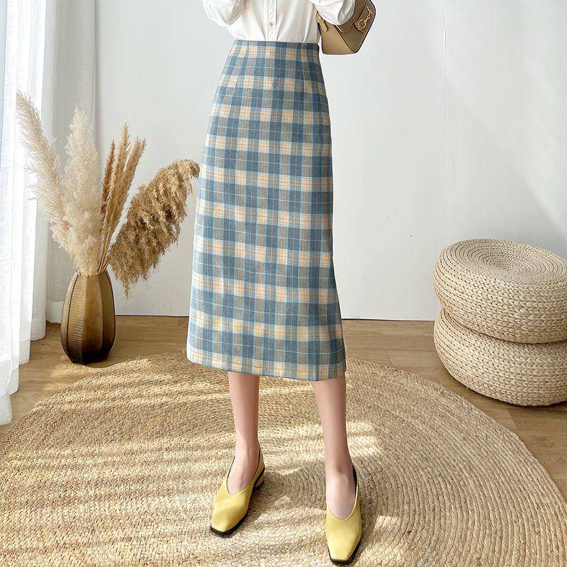 Chân Váy Chữ a Lưng Cao Vừa Dáng Ôm Xẻ Tà Kẻ Sọc Caro Retro Mùa Thu Hàn Quốc Cho Nữ