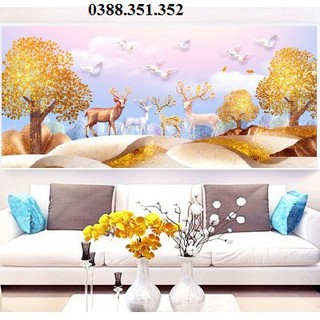 Tranh thêu chữ thập gia đình hươu tài lộc 1m5 và 1m95