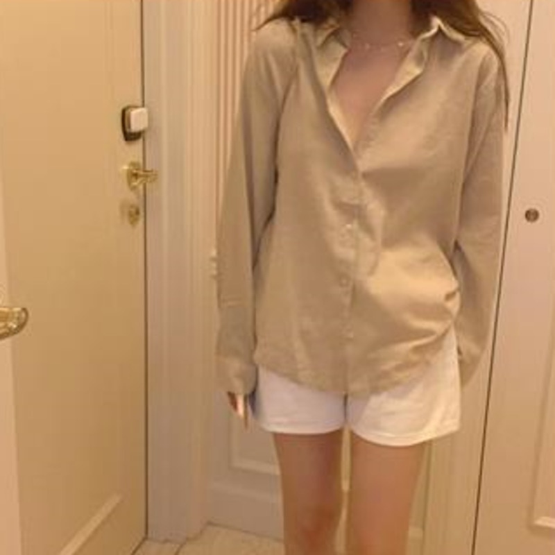 Áo sơ mi nữ RENJIANVSHENG tay dài dáng rộng màu trơn thanh lịch thời trang