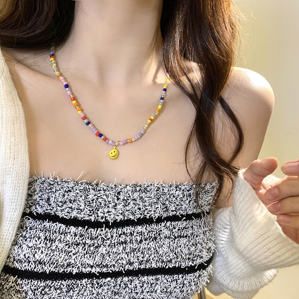 Vòng Cổ Xương Quai Xanh Đính Hạt Nhiều Màu Hình Mặt Cười Nhỏ Phong Cách Harajuku Ngọt Ngào