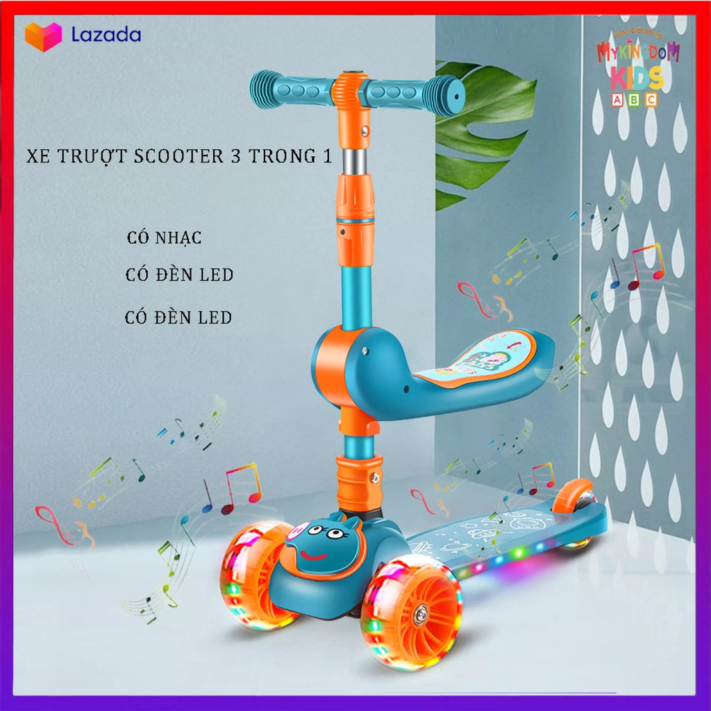 Xe trượt Scoter 3 bánh đa năng có đèn led phát sáng, có nhạc và ghế ngồi cho trẻ em - Tải Trọng 70kg
