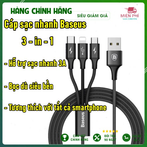 Cáp sạc Baseus Rapid Series 3-in-1 Cable iPhone + Micro + Type C 3A dài 1m2 Fast Charging Cable