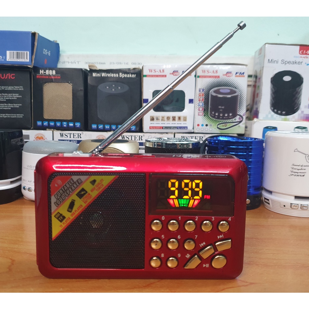 Đài Fm bắt sóng khỏe + Máy nghe nhạc + Đèn Pin, khe cắm thẻ nhớ, USB, Pin xạc + Pin tiếu