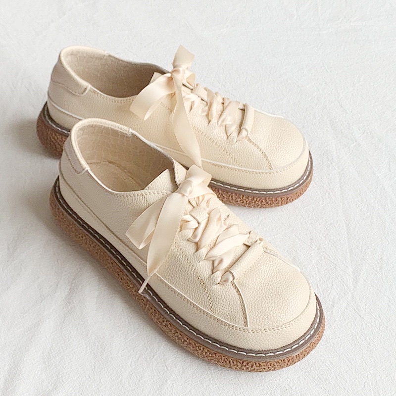 Giày Bánh Mì Nữ Da Mềm, Giày Oxford Buộc Dây Đế Bằng Xinh Xắn