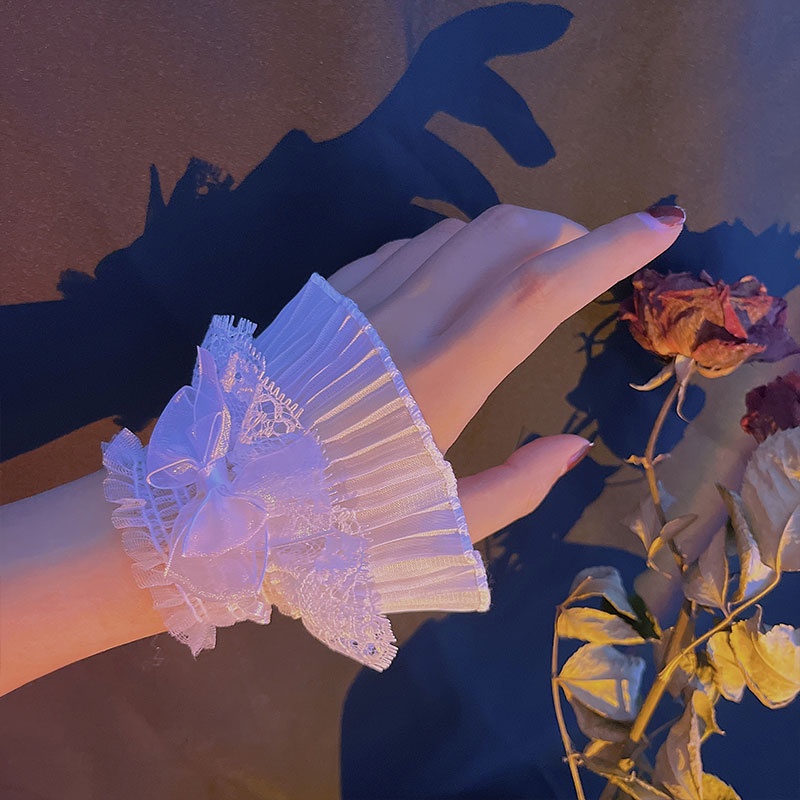 Phụ kiện gấu tay áo giả tháo rời được vải lưới phối ren nhún bèo phong cách lolita thời trang