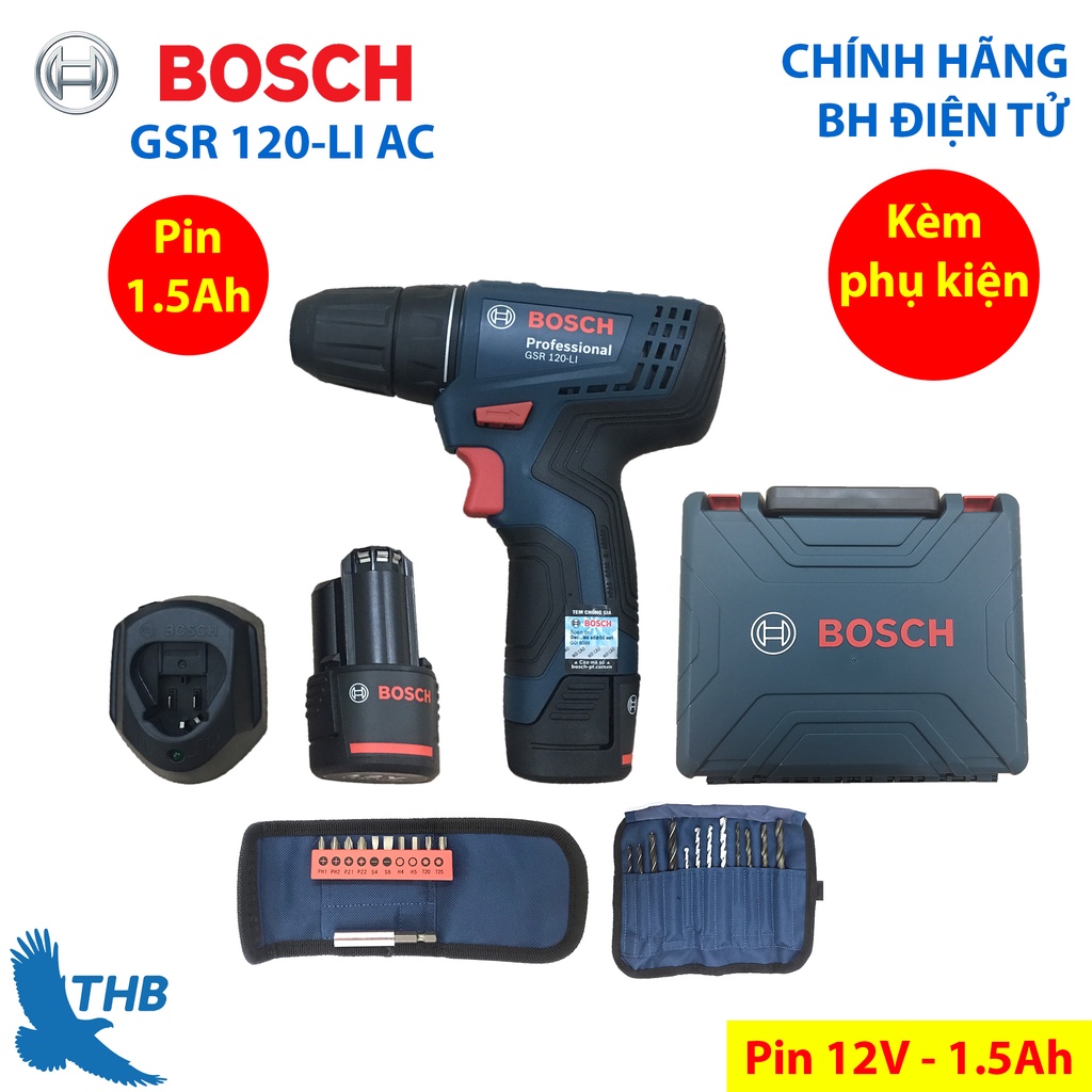 Máy khoan pin vặn vít Bosch GSR 120-LI AC ( Kèm phụ kiện mũi khoan và đầu vít )