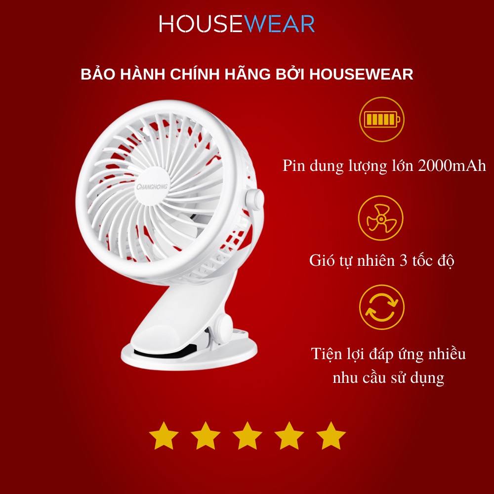Quạt Tích Điện, Quạt Mini Cầm Tay HOUSEWEAR-Kẹp Bàn Xoay 360 Độ-Mang Đi Làm,Học Sạc USB Đa Năng-3 Tốc Độ Gió BH 12 Tháng