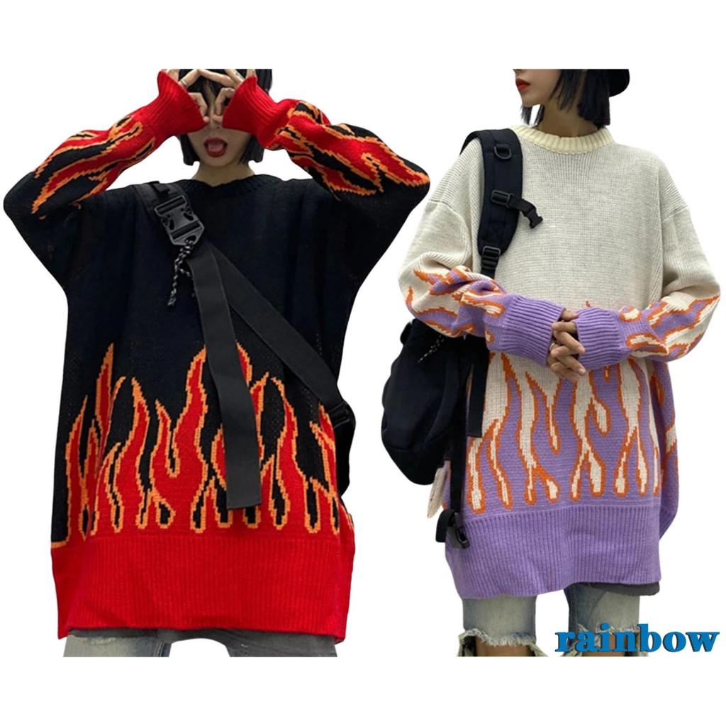 Áo sweater dệt kim dài tay cổ tròn dáng rộng in họa tiết ngọn lửa sáng tạo thời trang mùa thu cho nữ