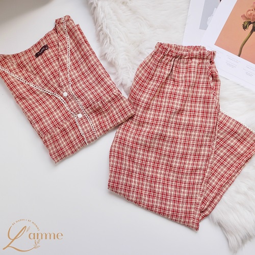 Bộ bầu mặc nhà BL01 họa tiết caro cùng chất kate hàn, có chun rút điều chỉnh bụng by LAMME