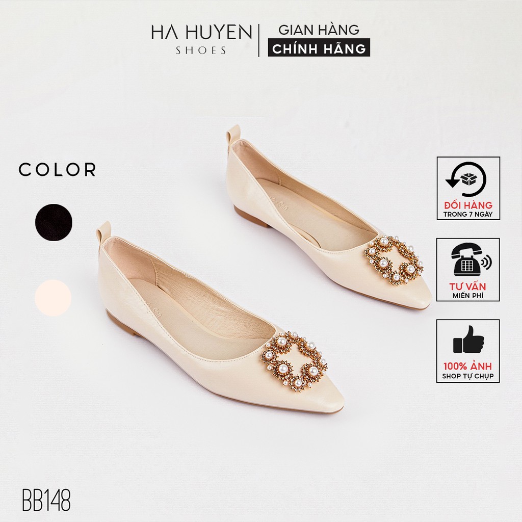Giày búp bê nữ Hà Huyền Shoes da trơn mũi nhọn đính nơ ngọc cao cấp - BB148