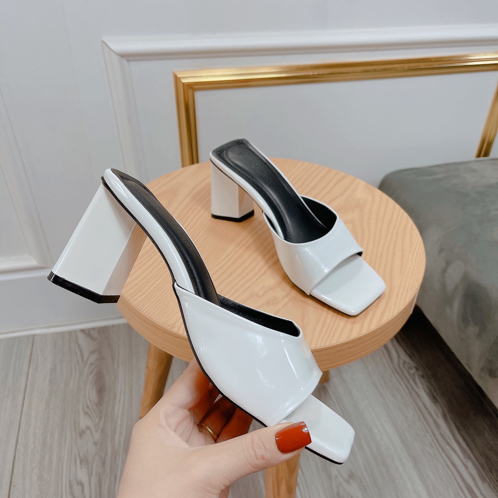 Dép guốc 7P Gót trụ Mũi vuông Da bóng Êm Cao Cấp