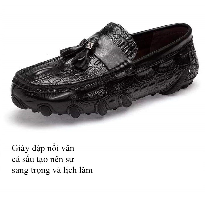 Giày lười vân cá sấu đế âm, Giày nam da bò cao cấp, Bảo Hành 12 tháng