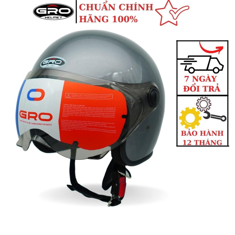 Mũ bảo hiểm giá rẻ, nón bảo hiểm cặp đôi GRO cho nam nữ, nón GRO 3/4 đầu bền đẹp, kính ngắn, màu xám bóng