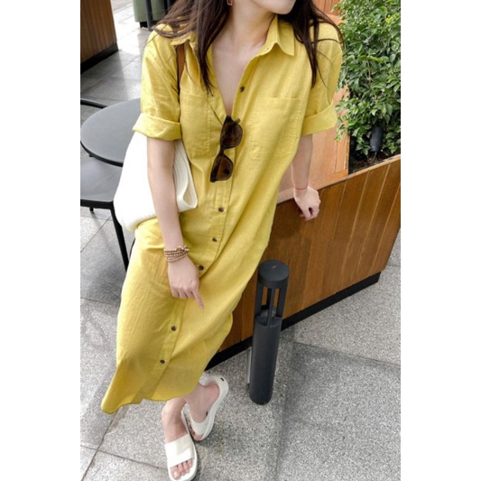 :Váy đi biển, cổ sơ mi vàng túi ngực form suông bầu bí bon chen thoải mái cho nữ LOLLAYE