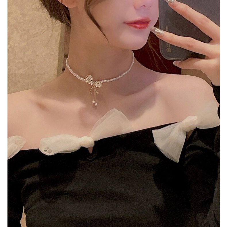 Vòng cổ Mặt Hình Bướm Đính Ngọc Trai Phong Cách Sang Trọng 2022