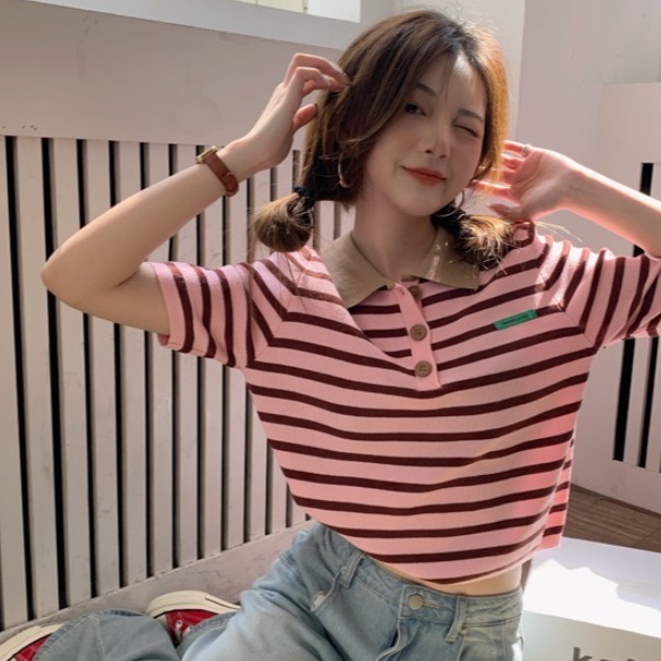 Áo thun polo ZHELIHANGFEI vải dệt kim ngắn tay kẻ sọc thời trang