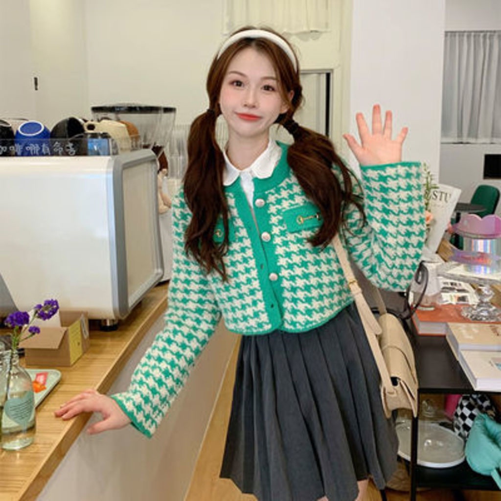 Xiaoxiangfeng Áo Khoác Cardigan Dệt Kim Eo Cao Màu Sắc Tương Phản Phong Cách Phương Tây Thời Trang Thu Đông Hàn Quốc Dành Cho Nữ