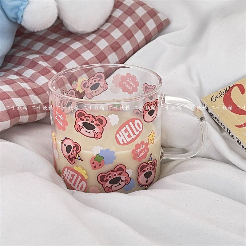 Cốc Thủy Tinh Uống Sữa In Hình Gấu Dâu Tây Kiểu Nhật Bản Dễ Thương Cho Cặp Đôi
