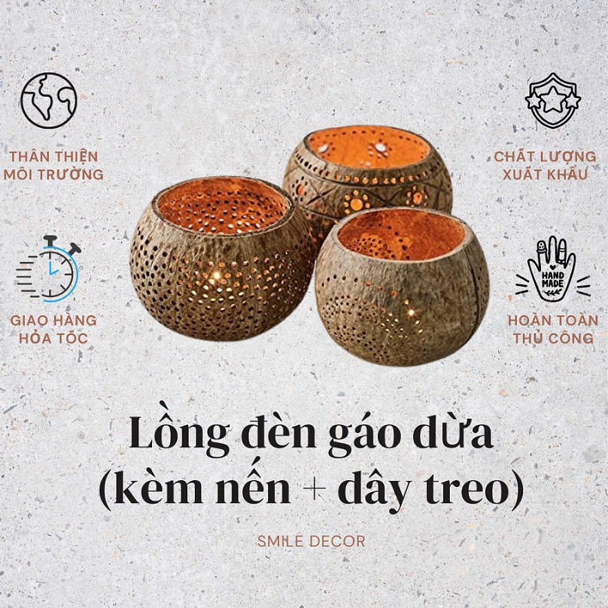 Lồng đèn gáo dừa (Gồm nến tealight và dây treo) - Set coconut shell candle handles and tealight candle