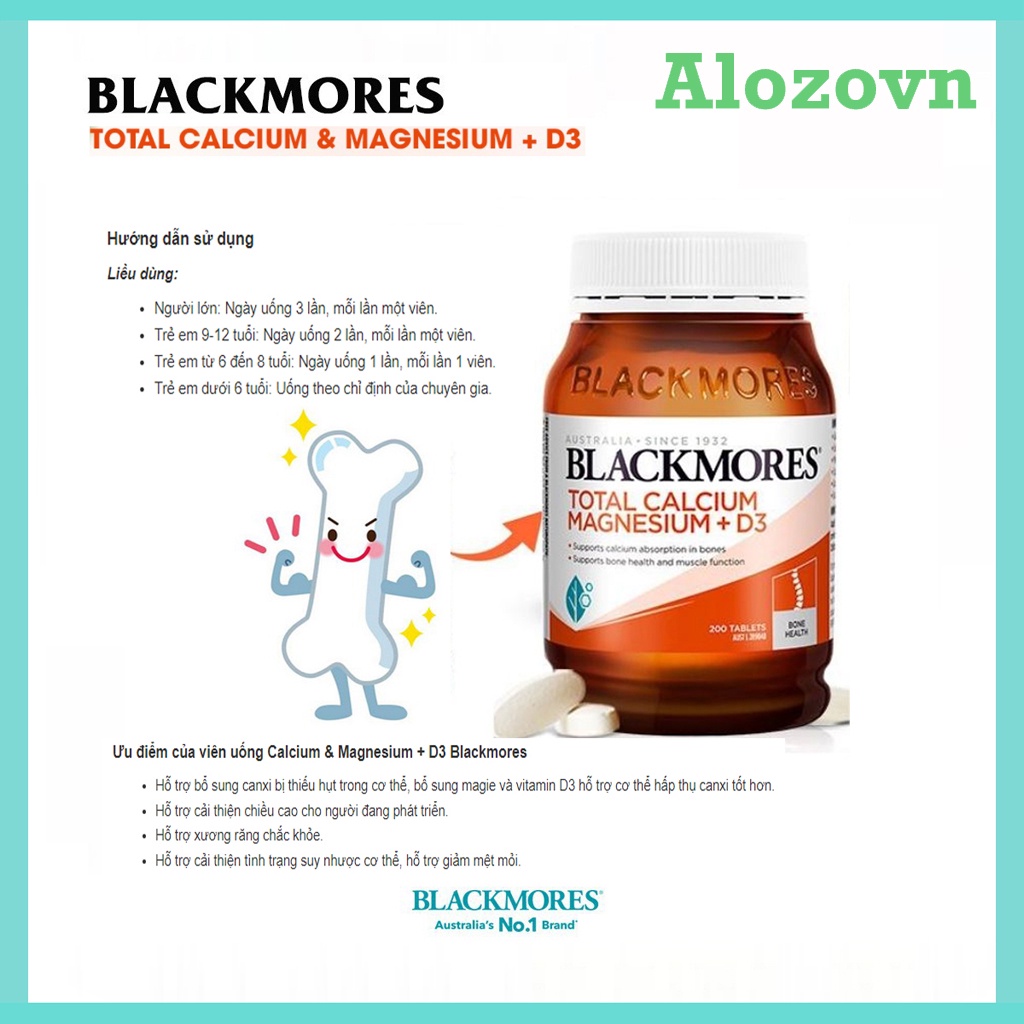 Viên uống bổ sung Canxi Total Calcium & Magnesium + D3 Blackmores, 200 viên