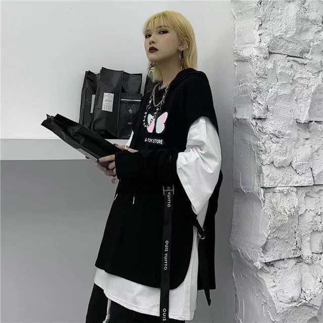 Áo hoodie giả hai lớp/ Áo thun trơn tay ngắn màu tối thời trang mùa hè phong cách thời trang cho cặp đôi