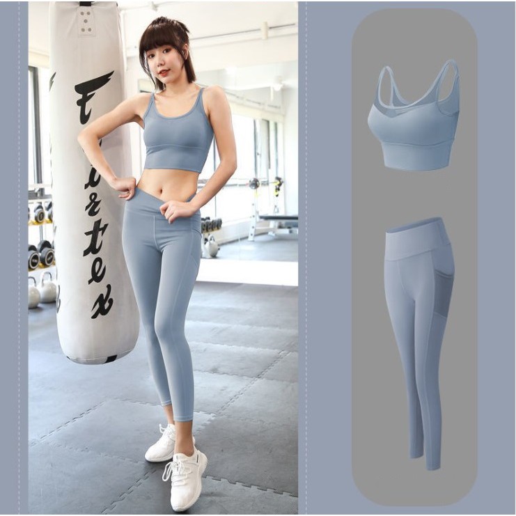 set bộ đồ tập gym, yoga, aerobic nữ áo bra quần dài cạp cao có túi đùi