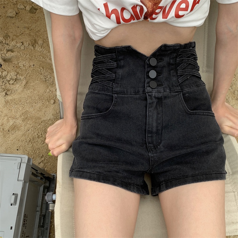 Quần Short Denim Lưng Cao Phong Cách Retro Thời Trang Hàn Quốc Cho Nữ