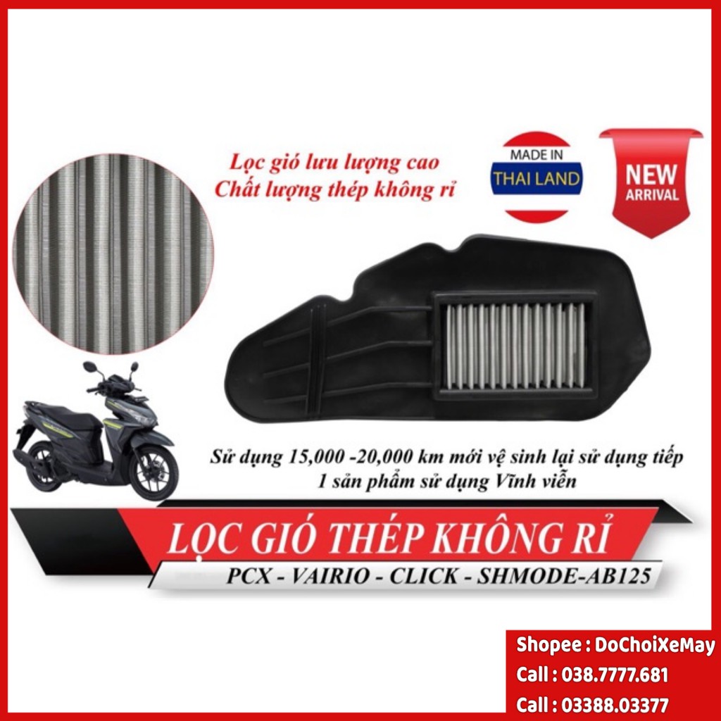 Lọc gió Thép Độ cho Airblade Vario Click Pcx Sh Mode xài vĩnh viễn, vệ sinh được. DoChoiXeMay