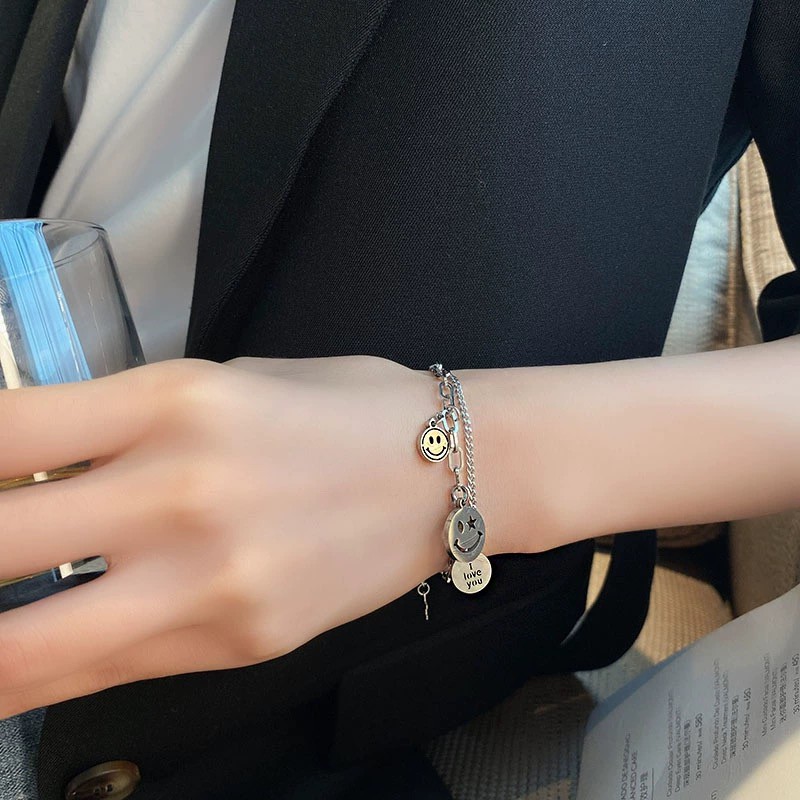 Vòng Tay Hai Lớp Bằng Thép Titan Mạ Vàng Hồng / Bạc / Vàng Hồng 18K Mặt Hình Mặt Cười Phong Cách Hàn Quốc