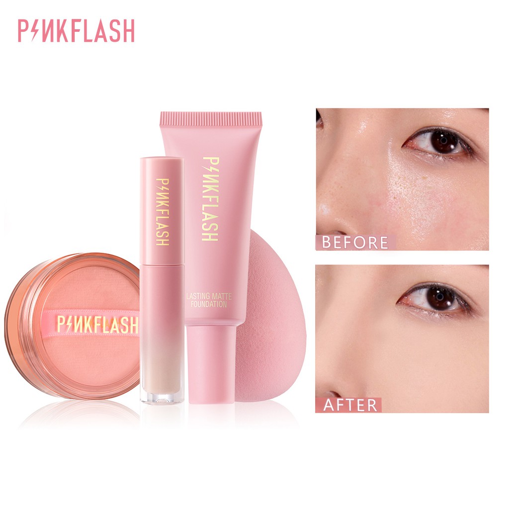 Set kem nền/kem che khuyết điểm/phấn phủ và mút trang điểm PINKFLASH kiềm dầu chống thấm nước lâu trôi cho mùa hè 4 Pieces 120g | BigBuy360 - bigbuy360.vn